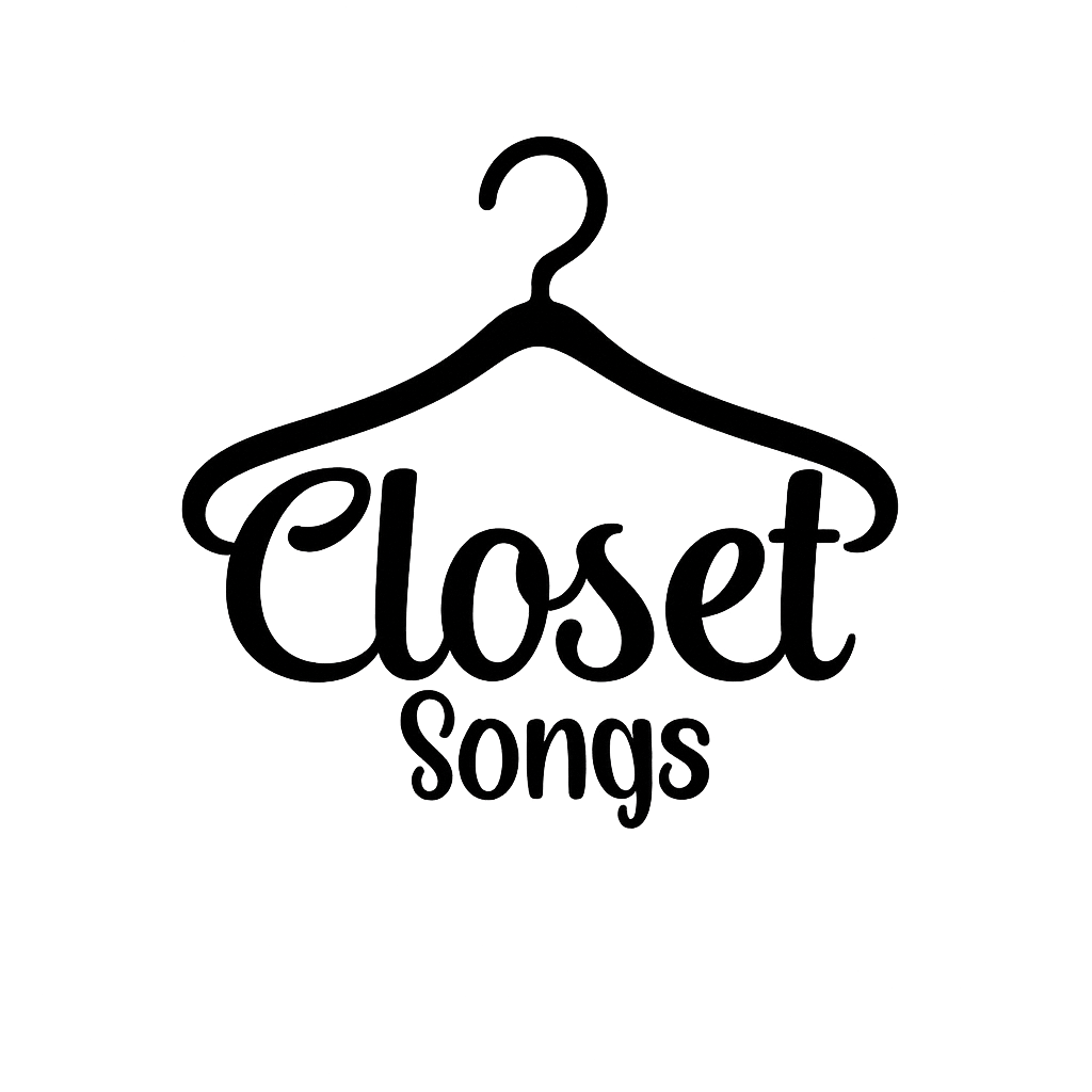 Black cutout of a clothes hanger with the words "Closet Songs" underneath, on a gray background.