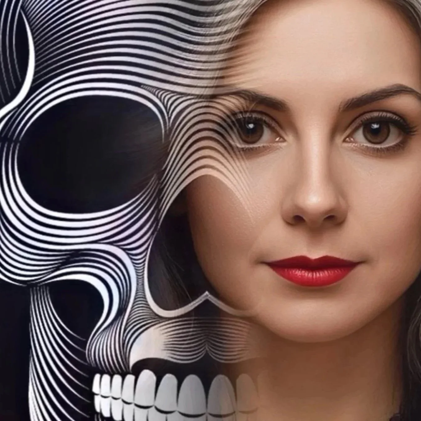 Close-up of a woman's face with makeup, partially overlaid by a stylized skull illustration.