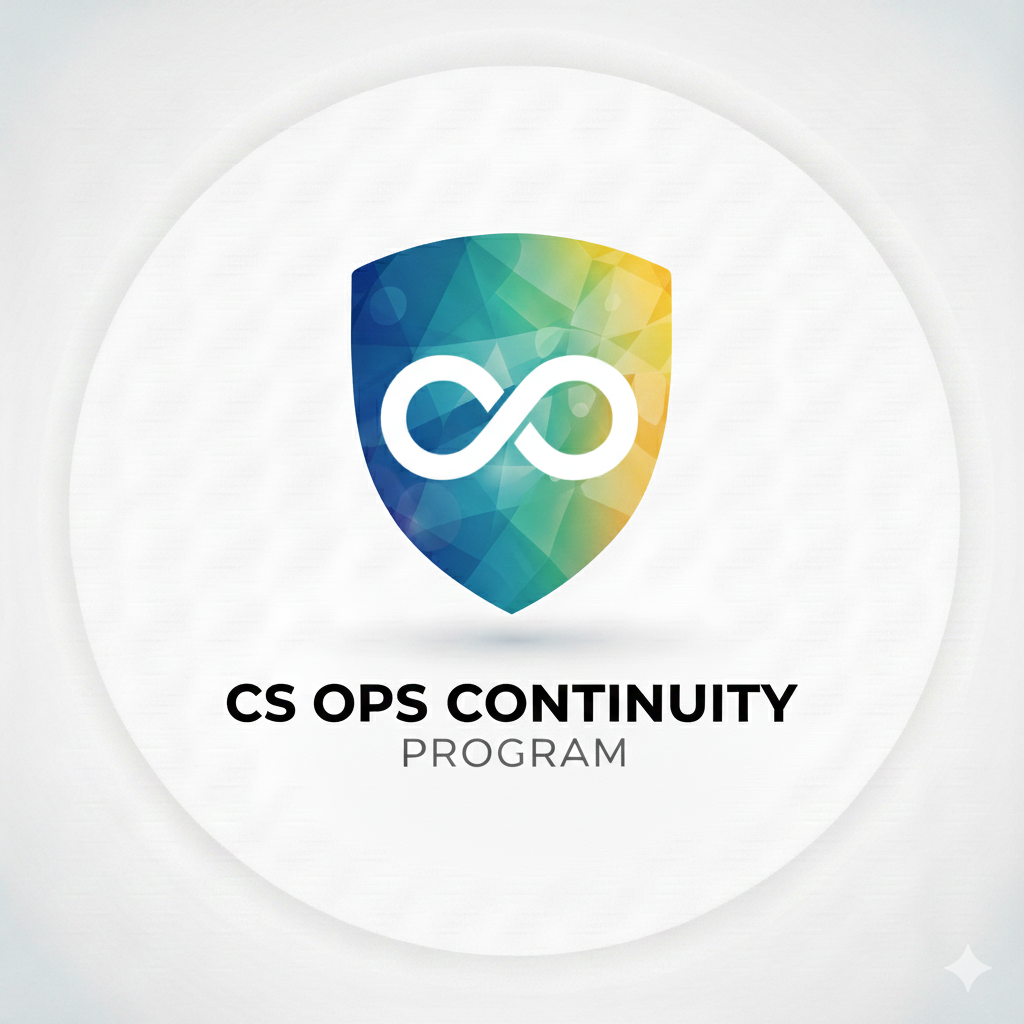 A logo with a multicolored shield and an infinity symbol in the center, with the text 'CS OPS CONTINUITY PROGRAM' below.