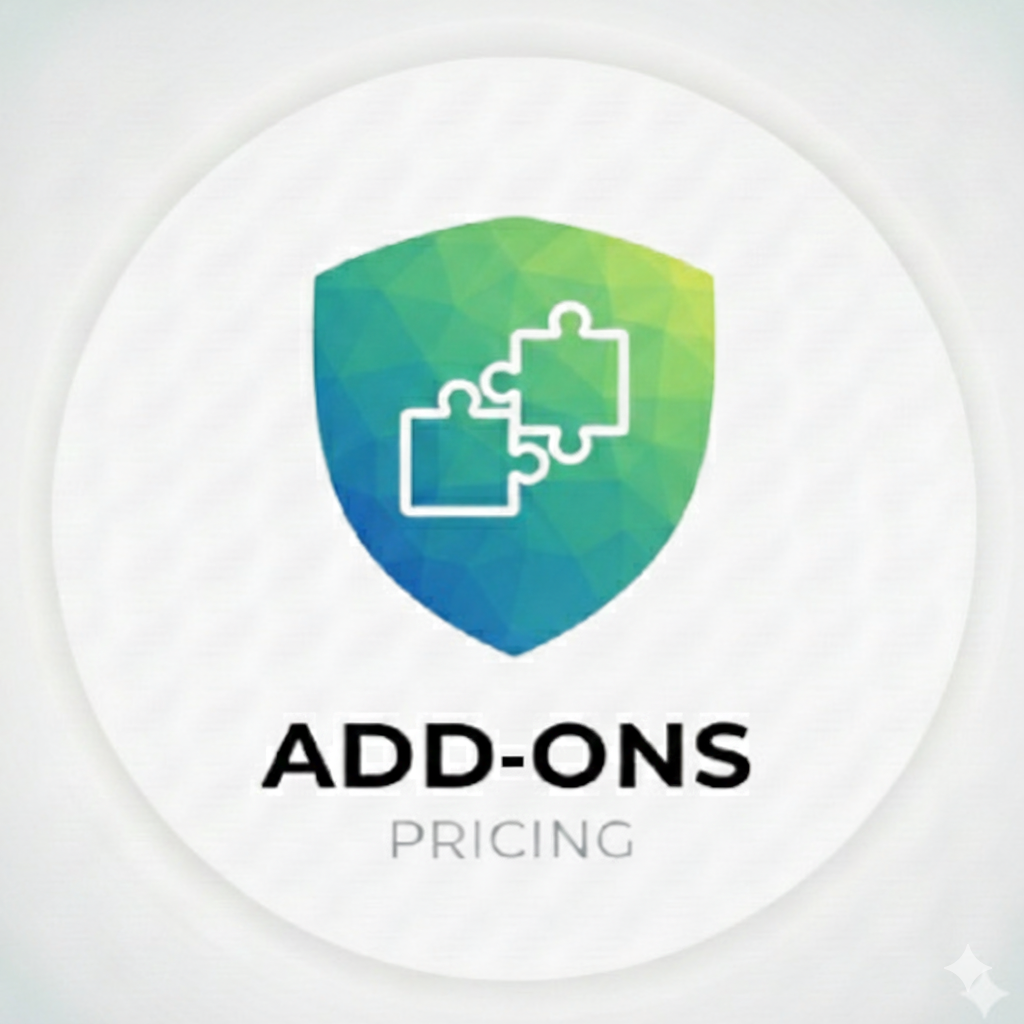 A logo with a green and blue shield featuring two puzzle pieces outline, and the text "ADD-ONS PRICING" below.