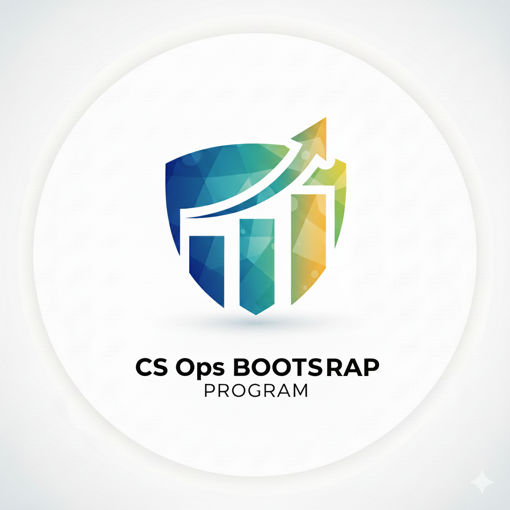 A logo with a shield and ascending bar graph with an upward arrow, featuring a gradient of blue, green, and yellow colors. Text below reads 'CS Ops BOOTSRAP PROGRAM'.