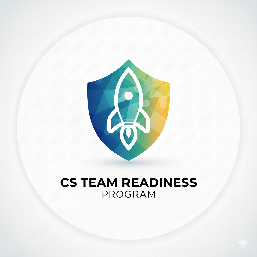 Logo of the CS Team Readiness Program featuring a shield with a rocket icon inside, with a colorful gradient background.