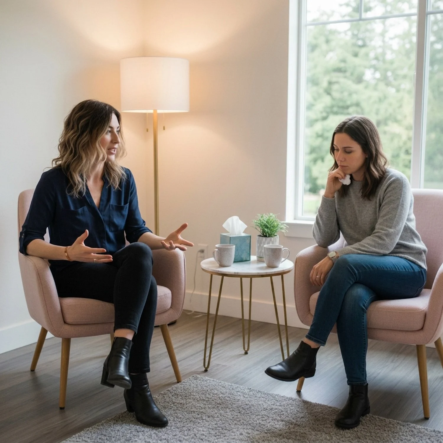 Nicole Fetsis board certified coach talking with client at Petaluda Wellness in Seattle