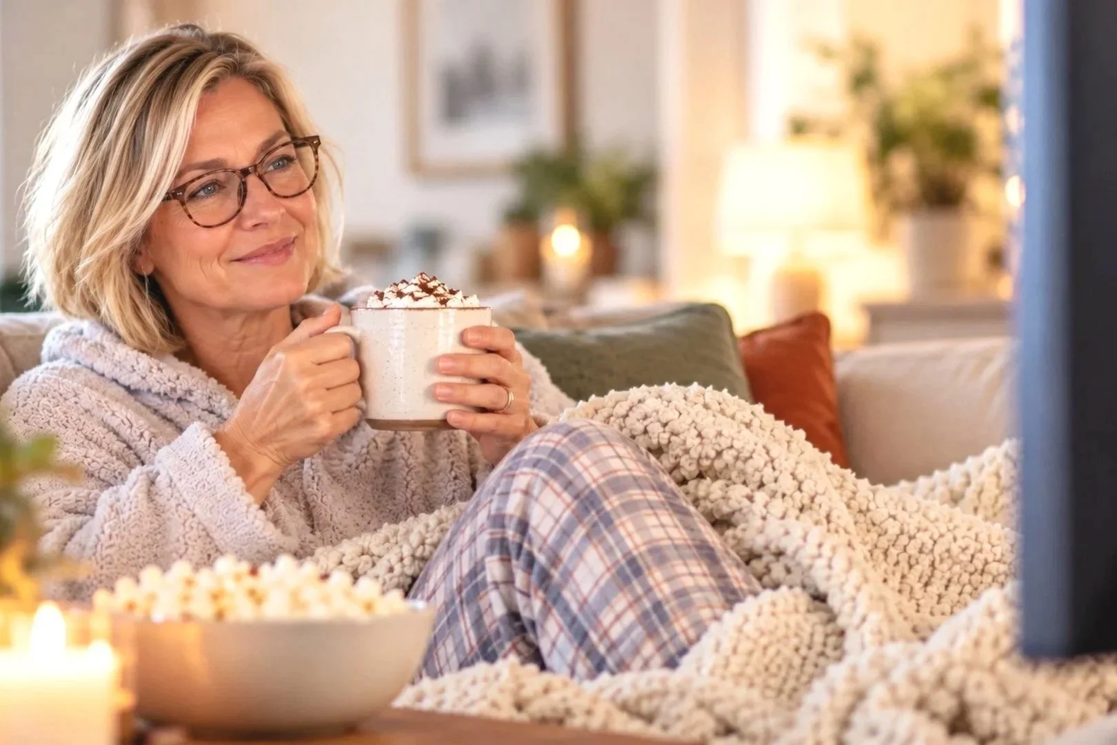 Woman relaxing on the couch in pajamas with hot cocoa, enjoying a quiet evening and practicing self-care during the holiday season.
