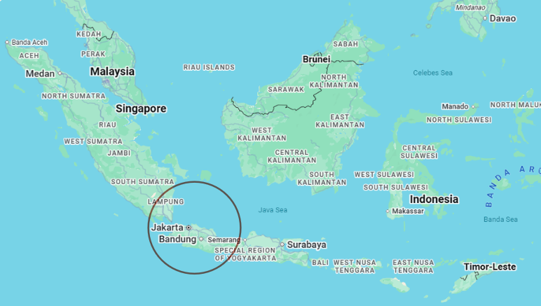 Map showing countries of Southeast Asia, focused on Indonesia, with Java circled in the central part of the country.