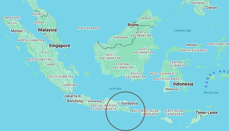 Map showing countries of Southeast Asia, focused on Indonesia, with the island of Bali circled in the eastern part of the country.