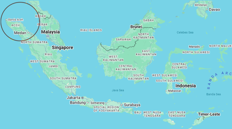 Map showing countries of Southeast Asia, focused on Indonesia, with Aceh circled in the top north-west part of the country.