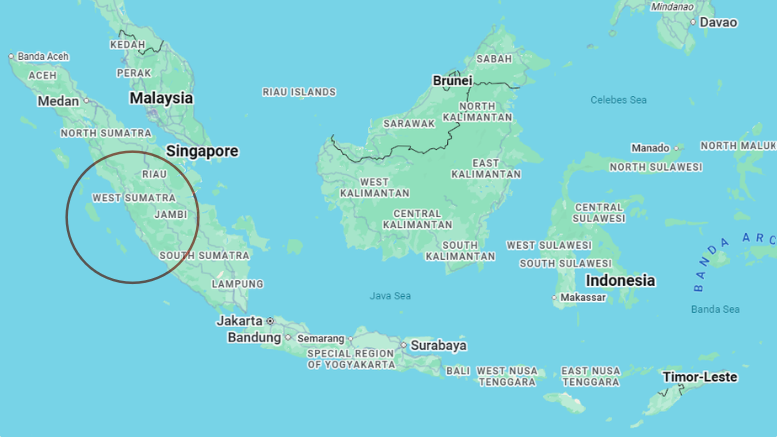 Map showing countries of Southeast Asia, focused on Indonesia, with West Sumatra circled in the western part of the country.