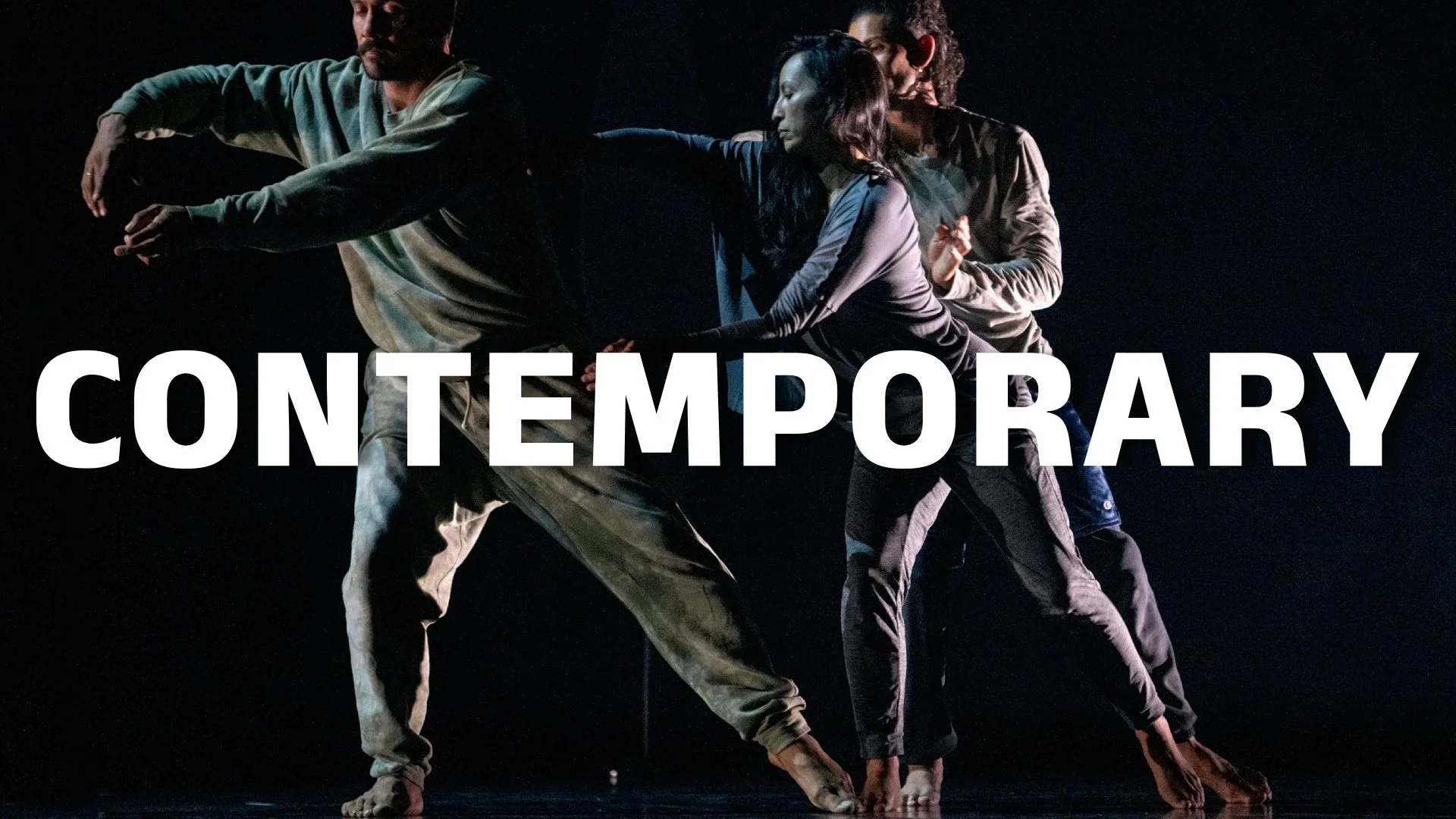 Three dancers perform a contemporary dance piece on a dark stage, with the word 'CONTEMPORARY' in bold white text across the image.