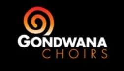 Gondwana Choirs logo with a black background, featuring a orange spiral icon and white and orange text.