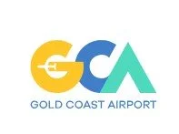 Gold Coast Airport logo with the letters GCA in stylized font, featuring a yellow 'G' with a plane symbol and a teal 'A'.