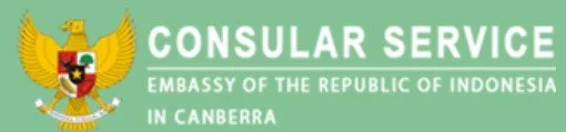 Green banner with the emblem of Indonesia and text 'Consular Service, Embassy of the Republic of Indonesia in Canberra'.