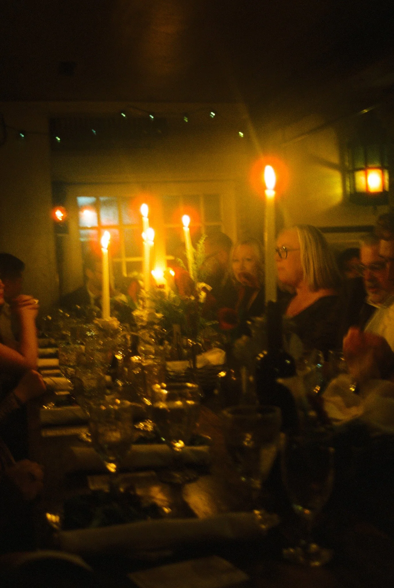 A dimly lit dinner party with candlelit table, surrounded by guests engaged in conversation.
