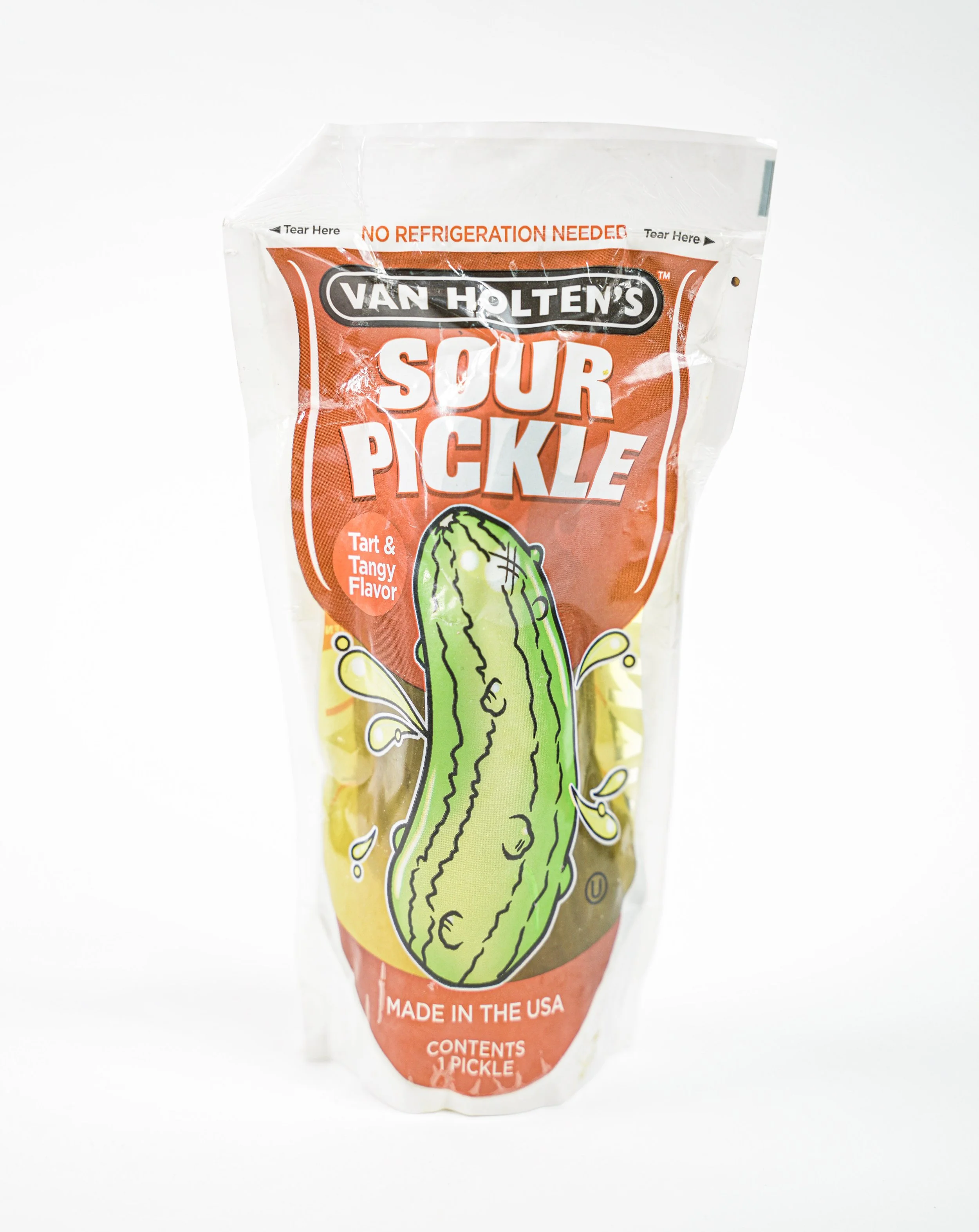 Package of Van Holten's Sour Pickle with illustration of a pickle and splash effects on a white background.