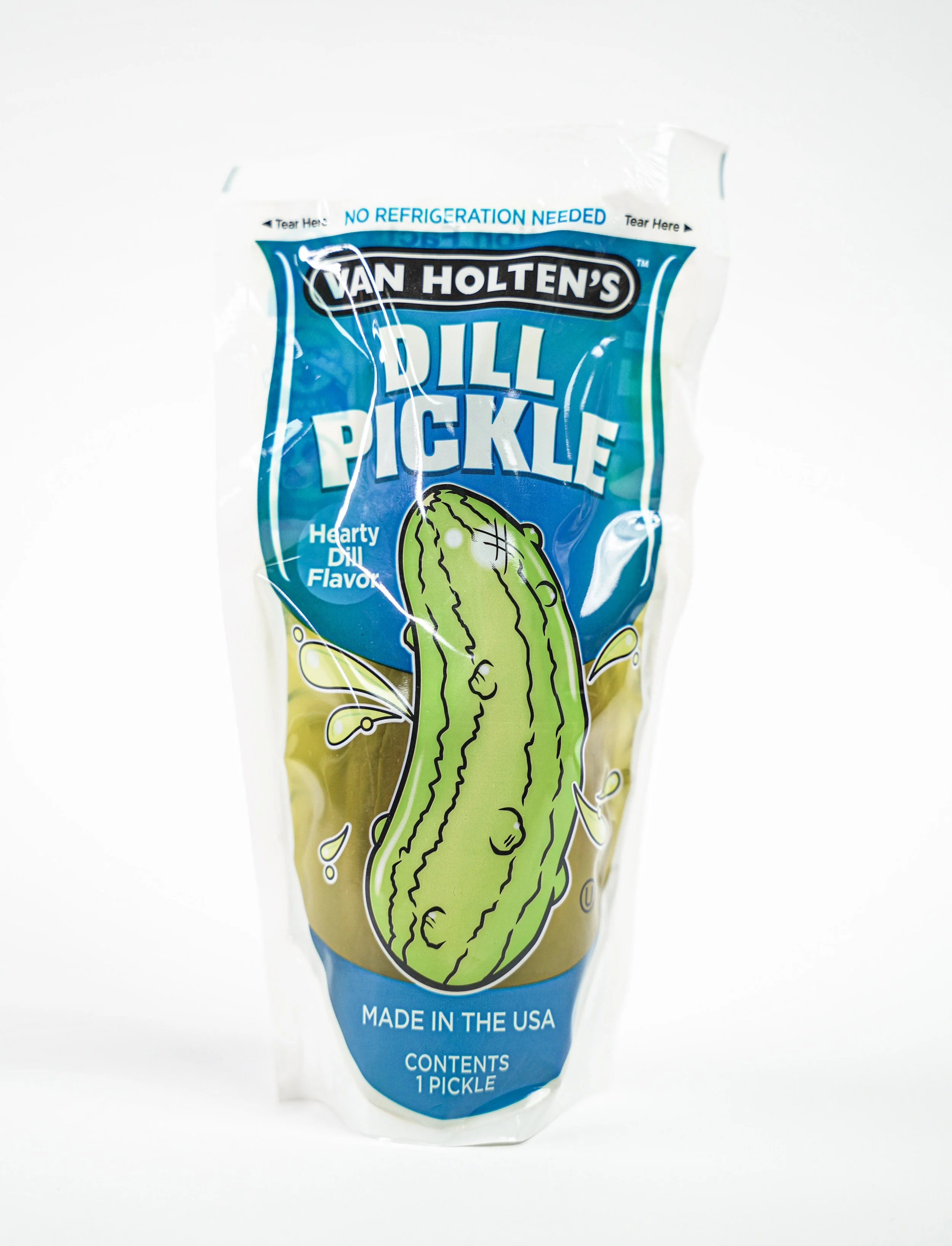 A package of Wan Holten's Dill Pickle, a dill pickle snack in a resealable bag with a cartoon pickle illustration, blue and yellow design, and text indicating no refrigeration needed, made in the USA, contains one pickle.