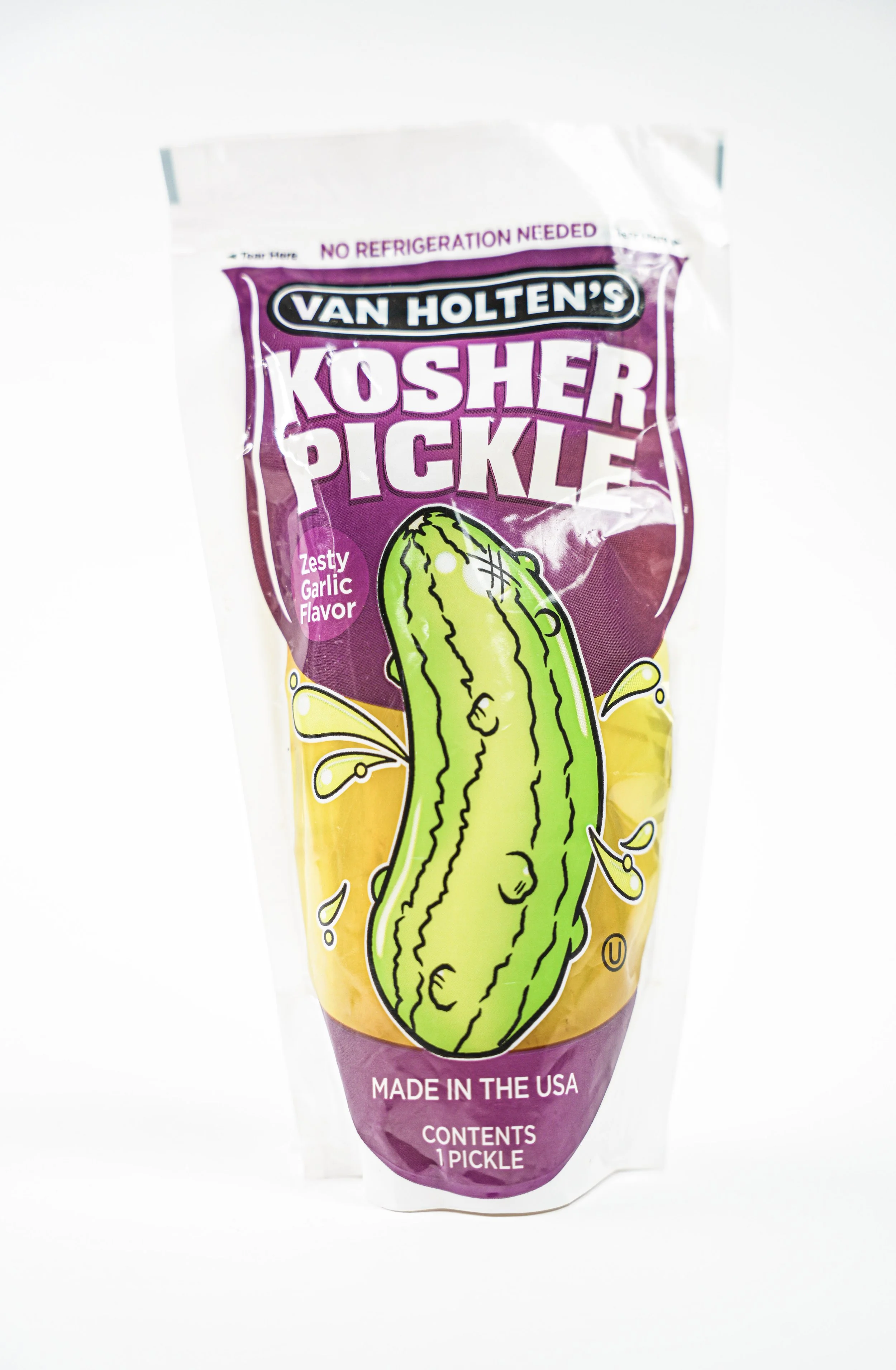 Package of Van Holten's Kosher Pickle, Zesty Garlic Flavor, made in the USA, containing one pickle.