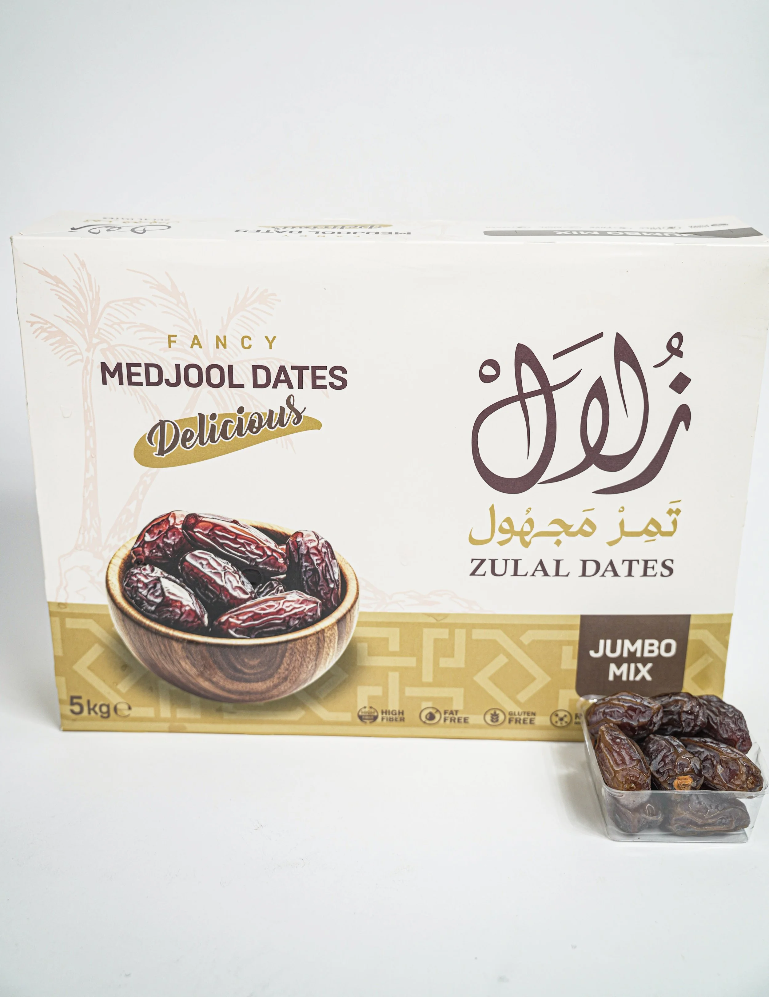 Box of Zulado Dates, 5kg, with a bowl of medjool dates and a small container of jumbo date mix