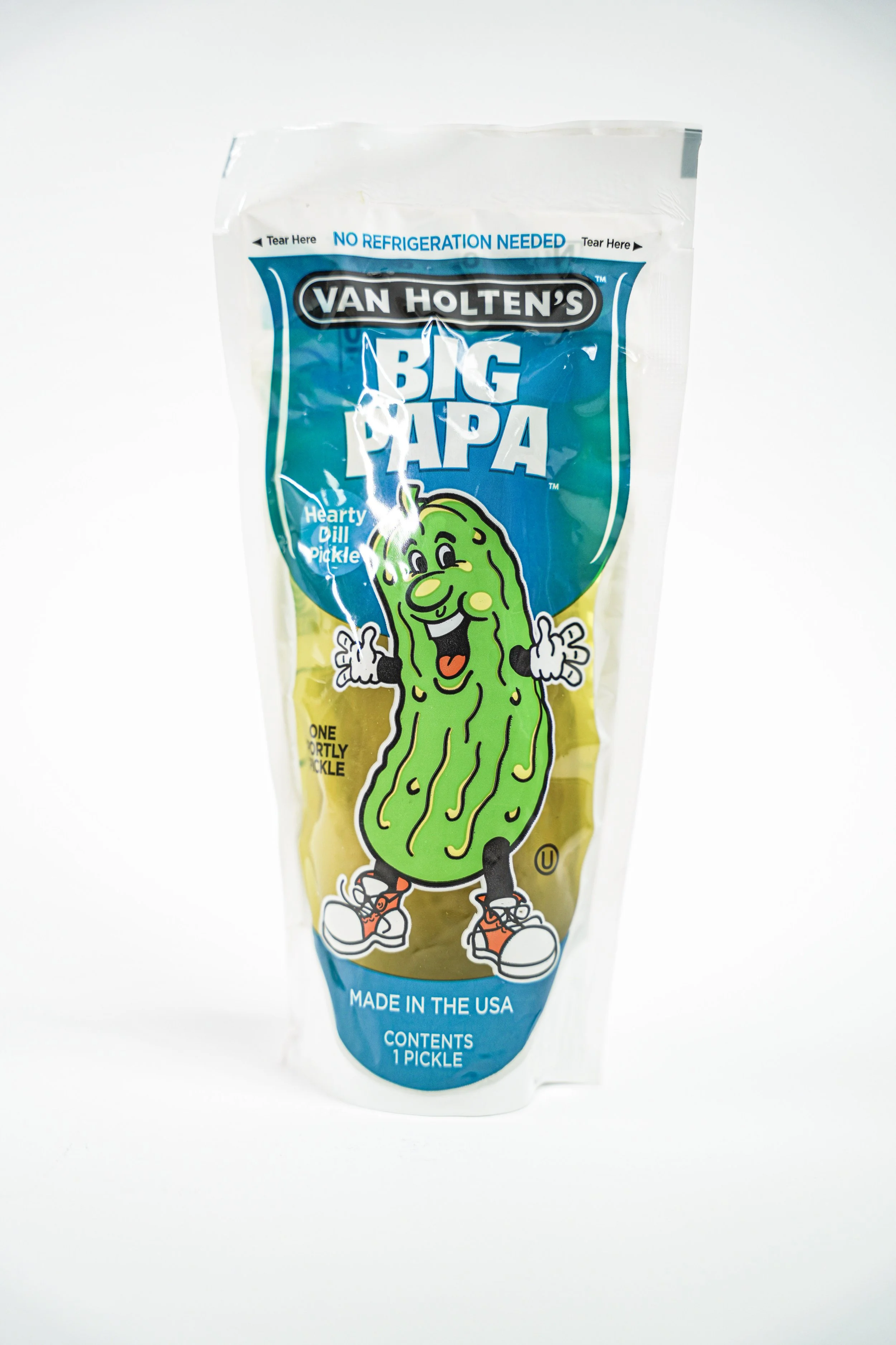 Package of Van Holten's Big Papa pickle with a cartoon pickle character on the front, wearing sneakers and smiling.