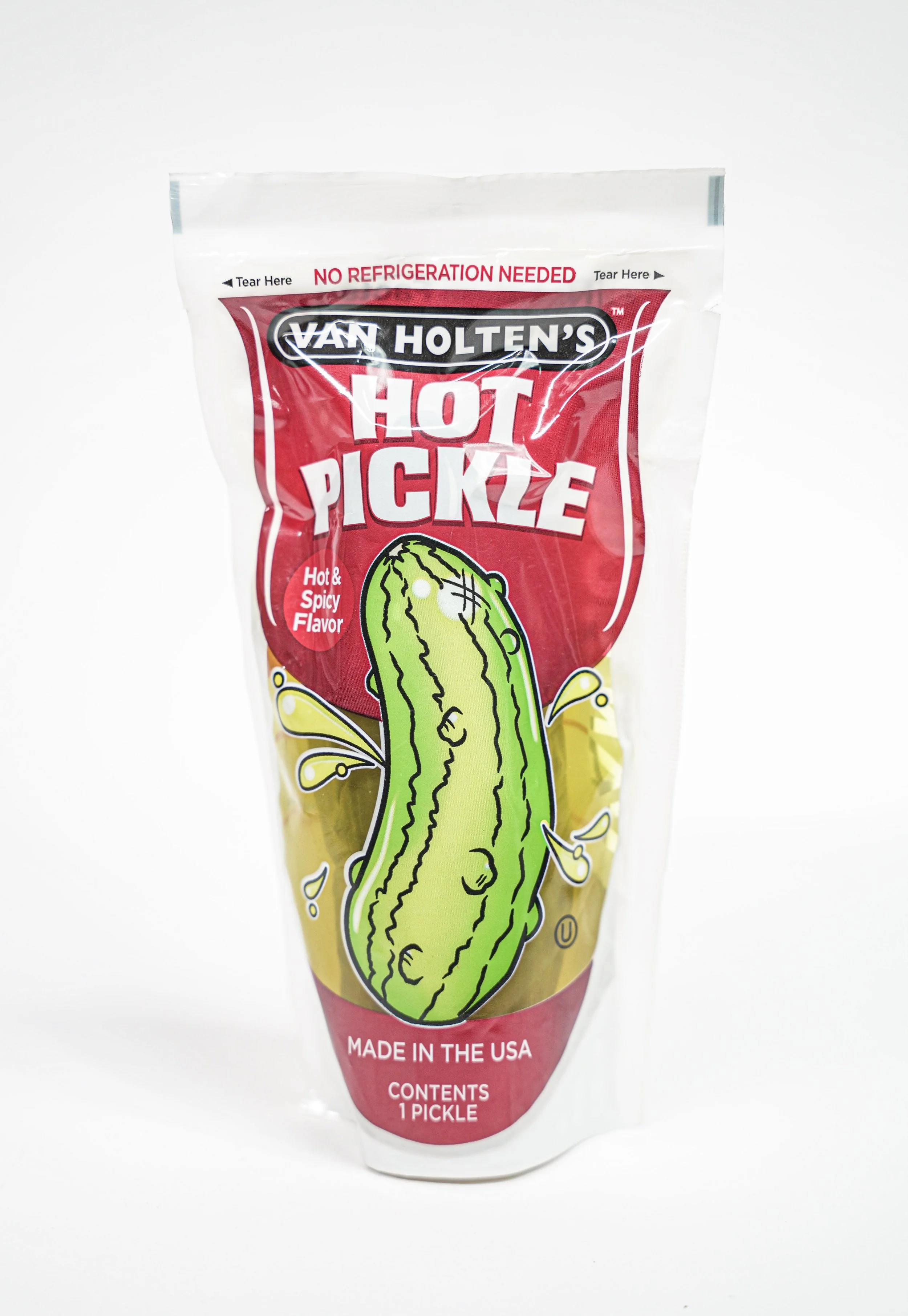 Package of Van Holten's Hot Pickle with spicy flavor, featuring a cartoon pickle illustration on white background.
