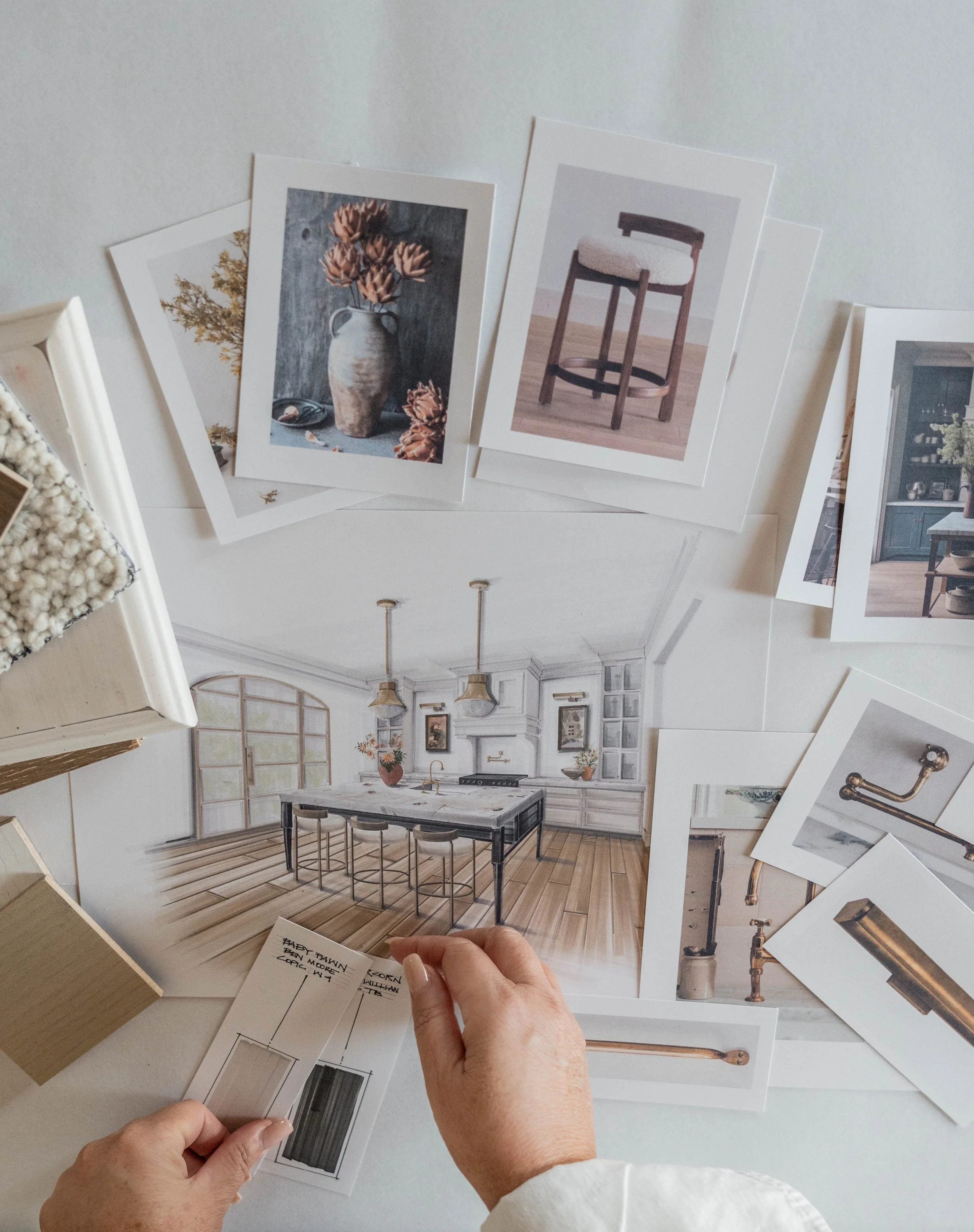 Design mood board with photos of interior decor and hardware samples.