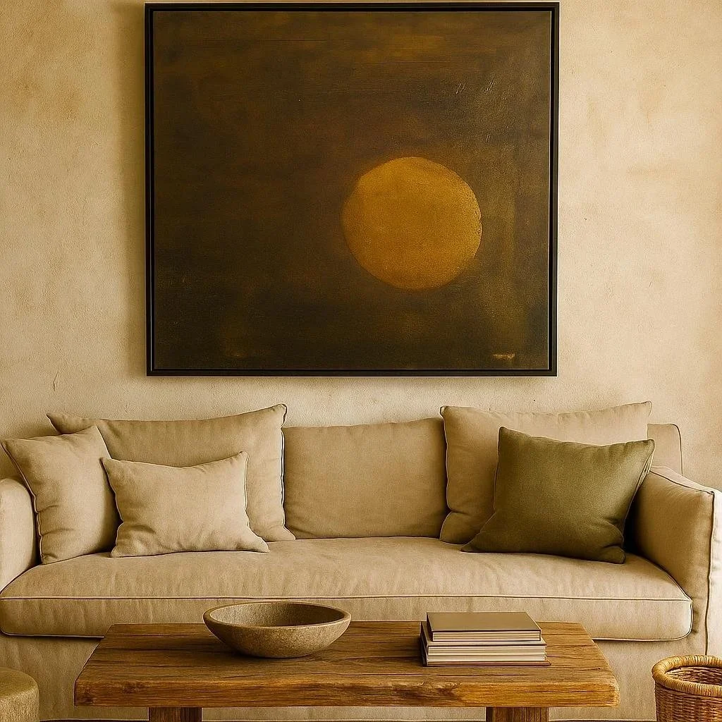 A beige sofa with multiple beige and green cushions, a wooden coffee table with a decorative bowl and stacked books, and a dark framed painting of a large yellow circle, possibly the sun or moon, hanging on a beige wall.