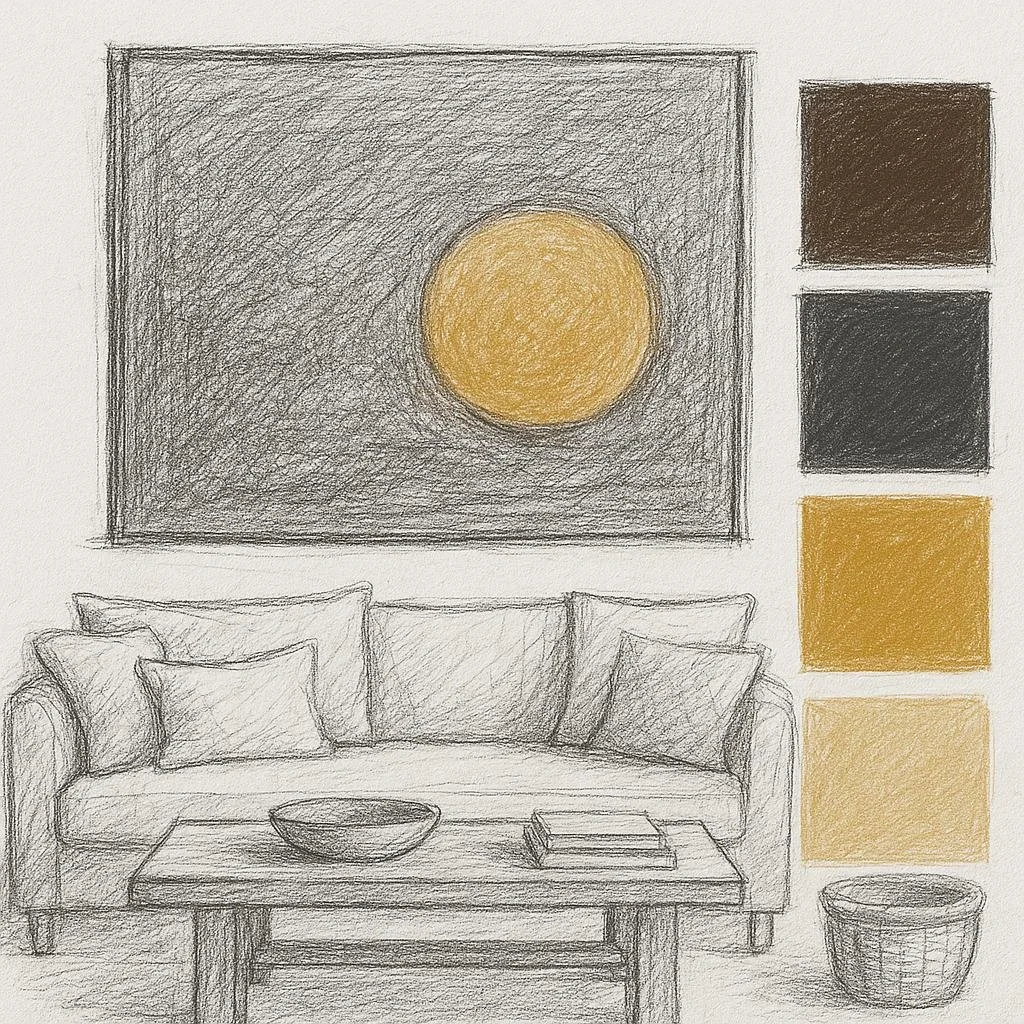 A hand-drawn sketch of a living room scene featuring a tufted sofa with three pillows, a coffee table with books and a bowl, a basket on the floor, and a large artwork depicting a yellow circle on a dark background, with a color palette of dark brown, black, medium gold, and light gold.