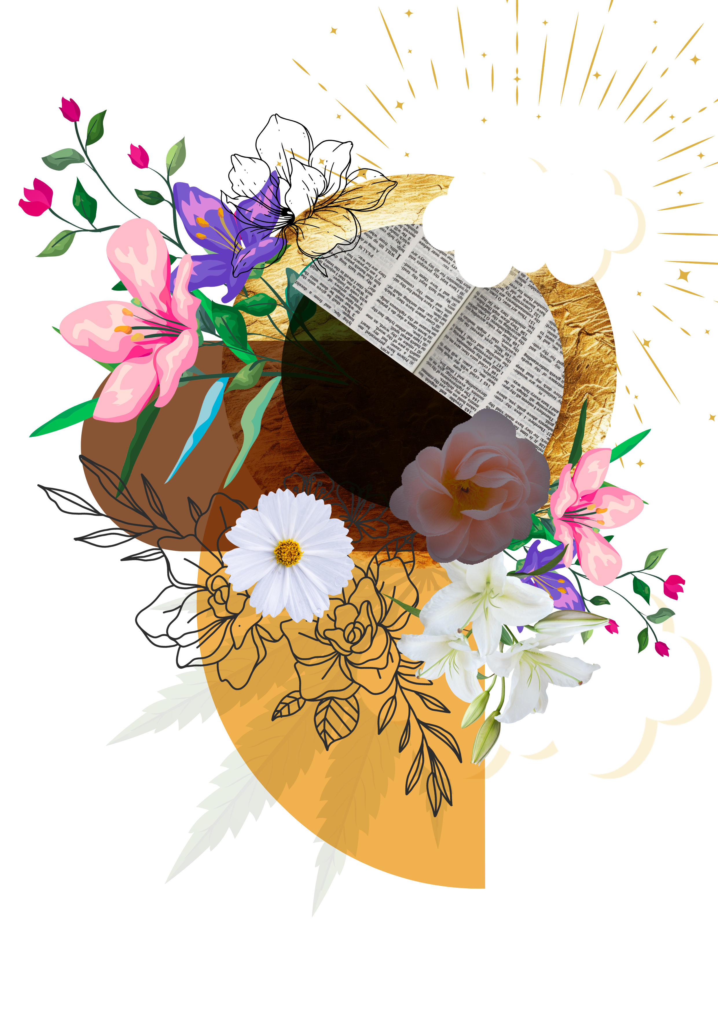A collage featuring various flowers, newspaper clippings, gold accents, and rays of light. Includes lilies, lilies of the valley, and other blossoms, some in black outlines and others in color.