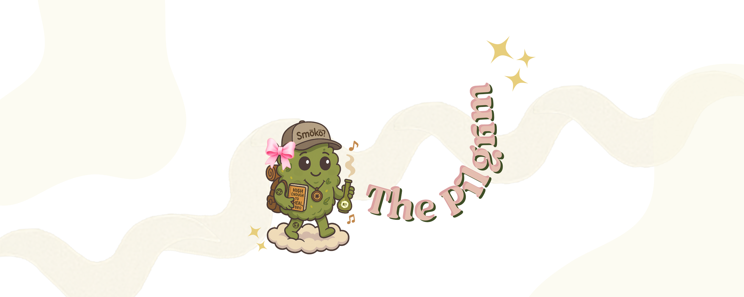 A cartoon illustration of ‘The Pilgrim’ character from The Kush Kliqué Kingdom, wearing a pink bow and brown cap (smōkō), holding a bong on a pastel cloud beneath a wavy ribbon.