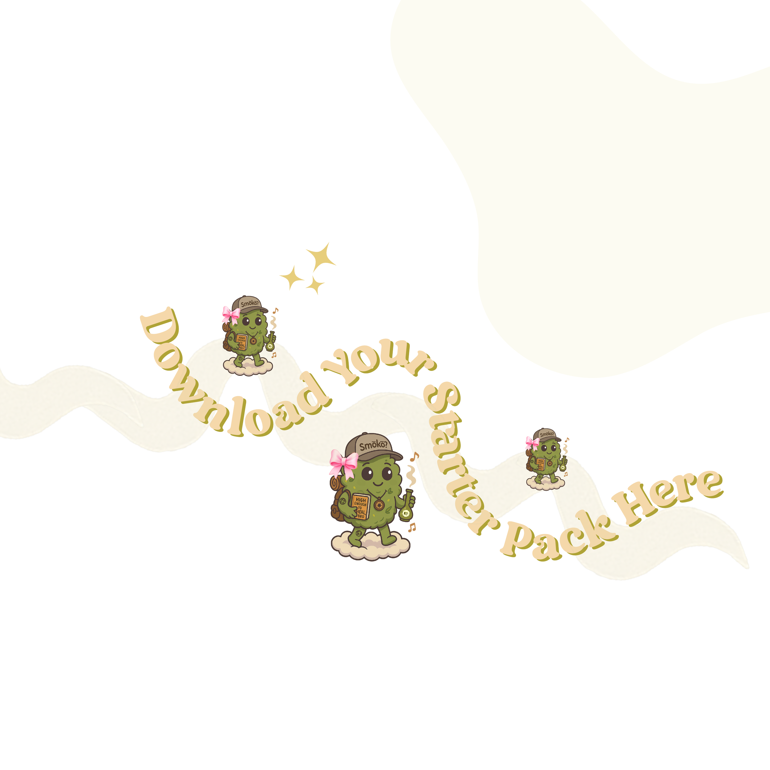 High Risqué banner featuring playful cartoon characters from The Kush Kliqué Kingdom, wearing pink bows and brown caps (smōkō), holding bongs with pastel accents, inviting visitors to ‘Download Our Bundle Pack Here’.