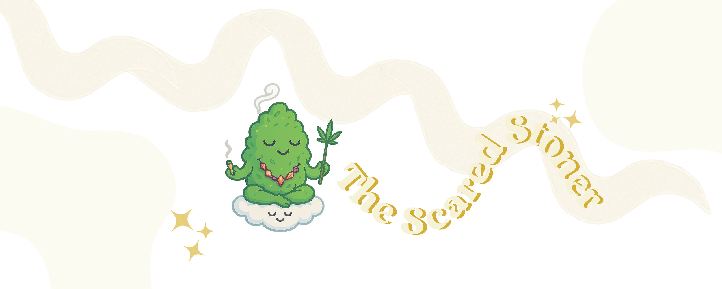 ‘The Sacred Stoner’ character from The Kush Kliqué Kingdom sits cross-legged on a pastel cloud, smiling with a lit joint in one hand and a wand in the other. Gold stars sparkle above a beige ribbon, a High Risqué illustration celebrating smōkō