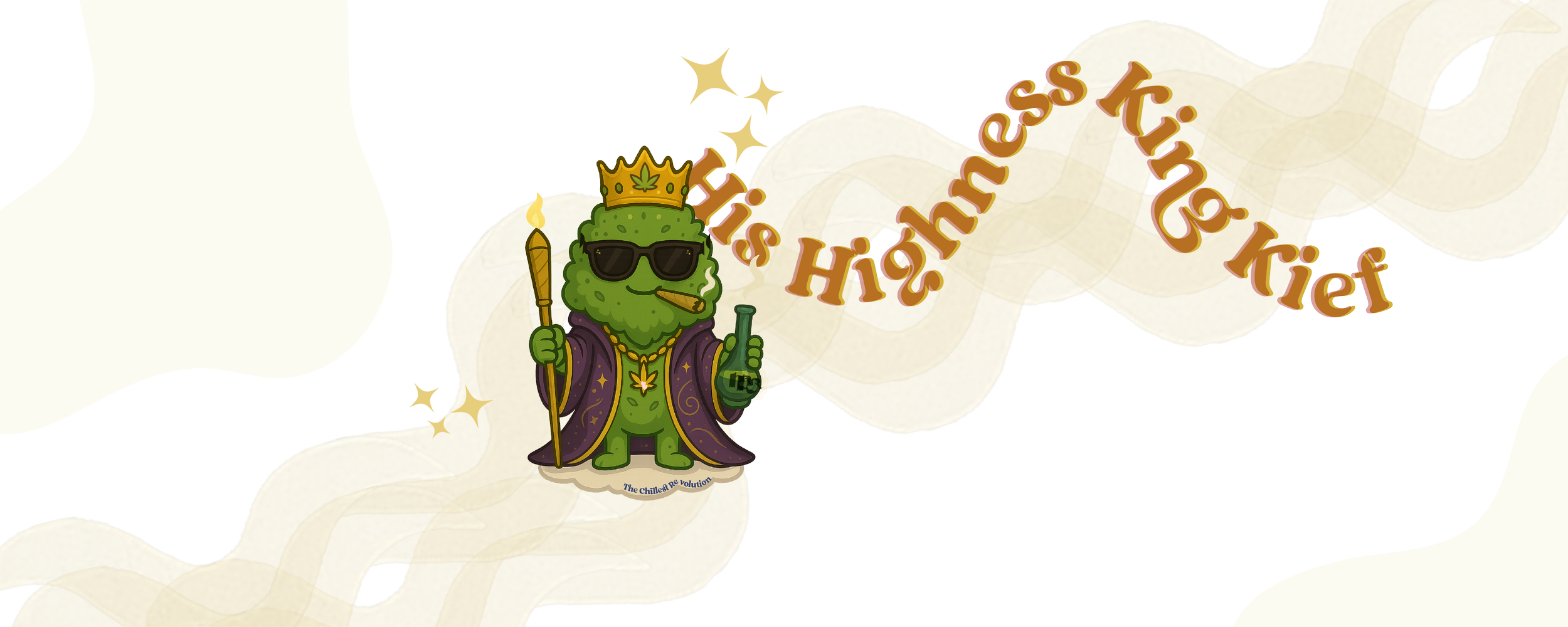 Main Character from The Kush Kliqué Kingdom- King Kief, wearing a crown, gold chain, sunglasses and purple robe, holding a scepter and bong beneath a cream winding banner reading ‘His Highness King Kief’. A High Risqué illustration