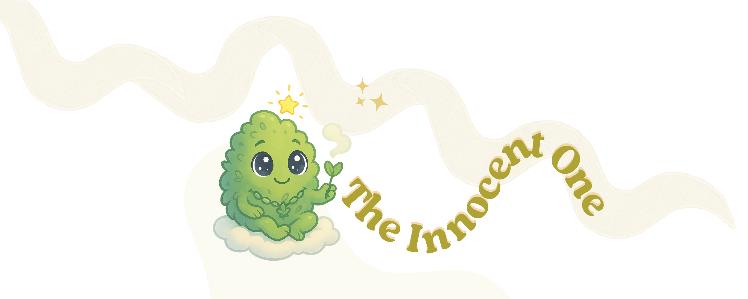 ‘The lnnocent One’ character from The Kush Kliqué Kingdom, a green, fluffy cone with big eyes, sitting on a small cloud and holding a young plant. A High Risqué illustration symbolizing joy, growth and divine play in weed culture.