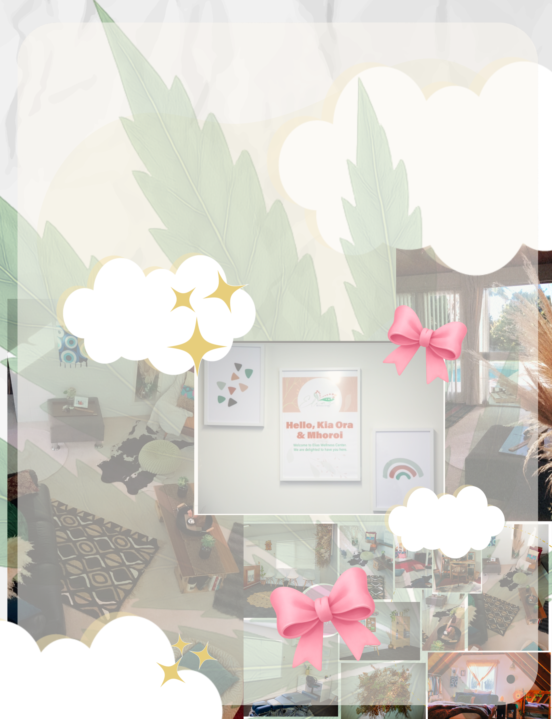 Collage of wellness imagery featuring floral décor, gift boxes, pink bows and soft cloud-shaped overlays. Styled for High Risqué’s wellness and gifting collection, blending spa aesthetics with cannabis-inspired design and feminine ritual.