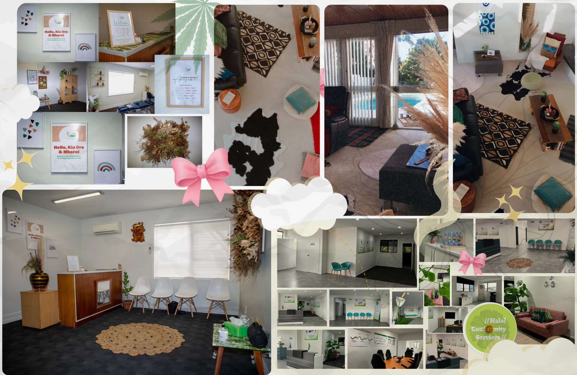Collage of images depicting an office or community space with welcoming decor, seating areas, and informational displays, promoting a cozy and professional environment.