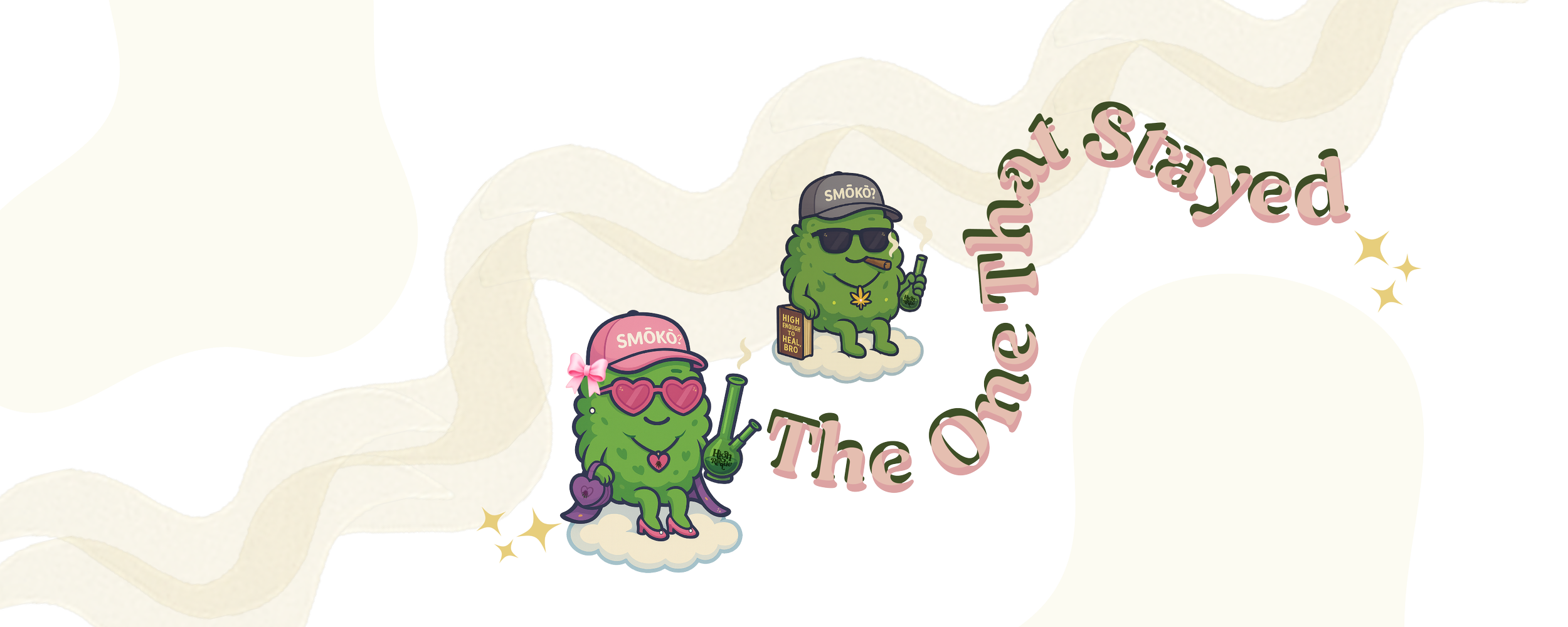 Cartoon characters of cannabis buds with face and accessories, holding drinks, placed on a cloud, with pink curved text saying 'The Only Stoned One' and some sparkling effects.