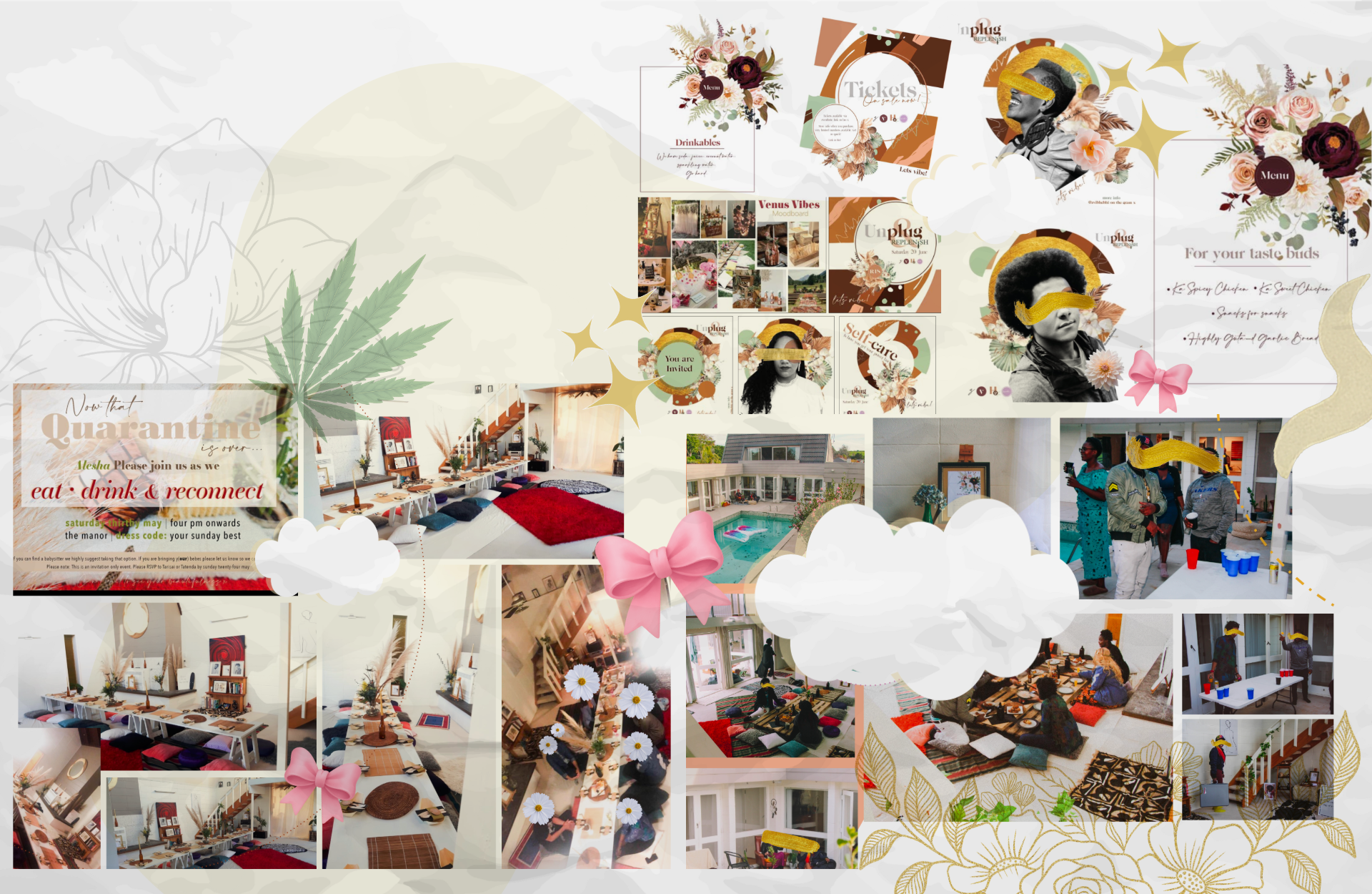 Collage of event photos featuring social gatherings, decorated tables, people preparing and serving drinks, and an outdoor pool area, with floral and leaf motifs, pink bows, and event flyers.
