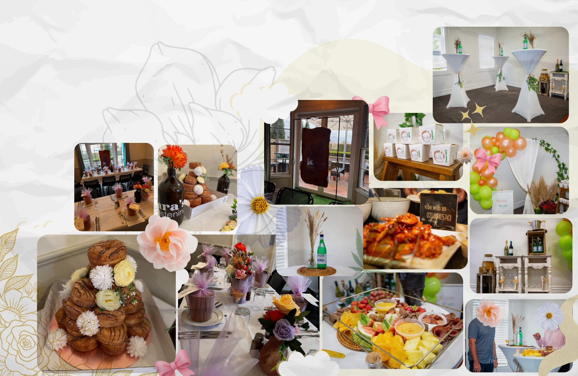 Collage of images showcasing a decorated party or celebration setup with floral arrangements, balloons, tables set with food and desserts, and backdrop decorations.
