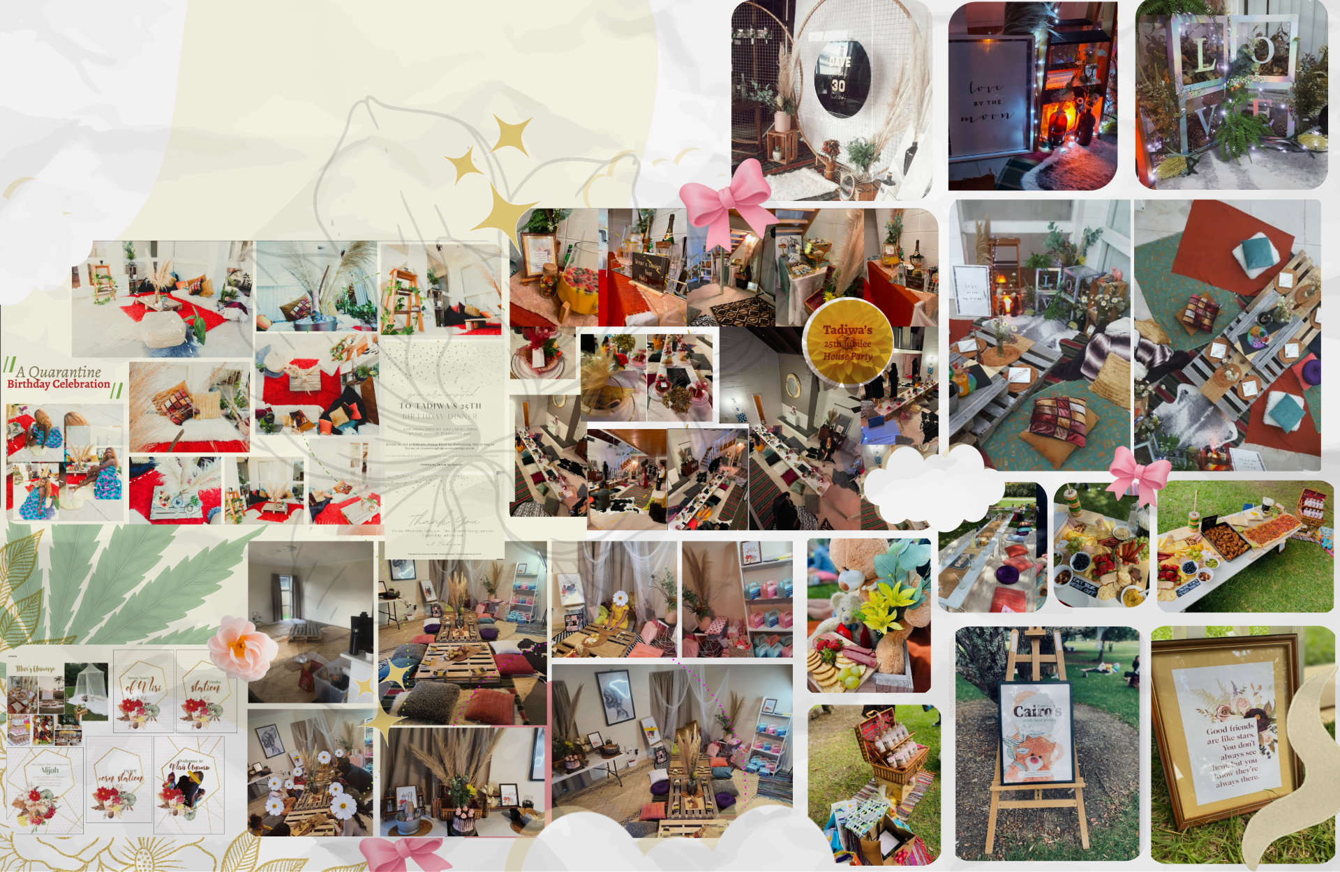 Collage of photos from a birthday celebration, featuring decorated indoor and outdoor tables, jewelry display, decorative signs, a variety of food tables, a teddy bear, framed art, and outdoor picnic setup with a sign, all arranged in a festive and creative manner with flowers, bows, and decorative elements.