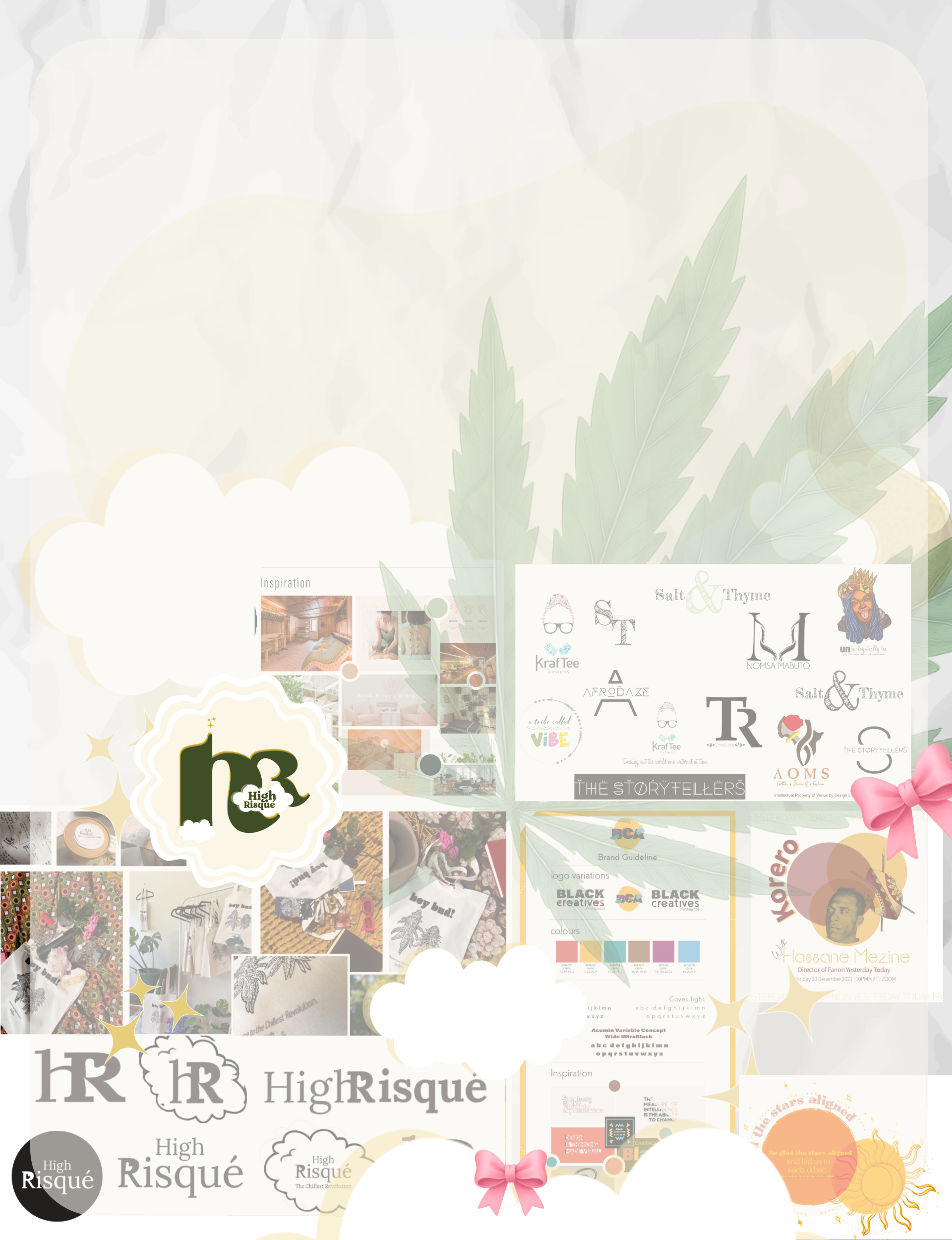 A collage of various design and branding materials, including logos, color swatches, and inspiration images, with decorative bows and leaves overlay.
