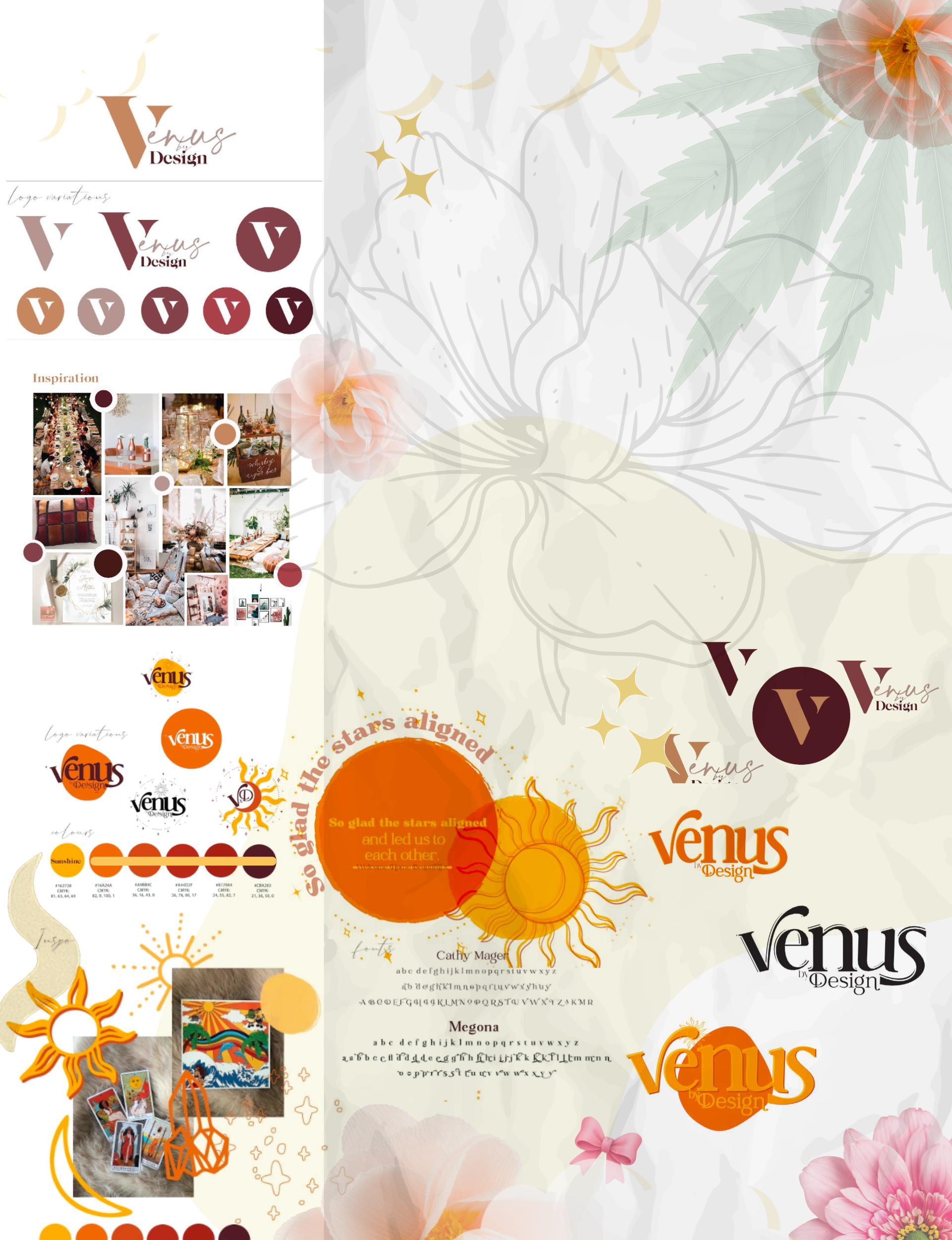 Design mood board featuring logos, color palette, inspiration images, and decorative elements in warm earth tones and orange with floral accents.