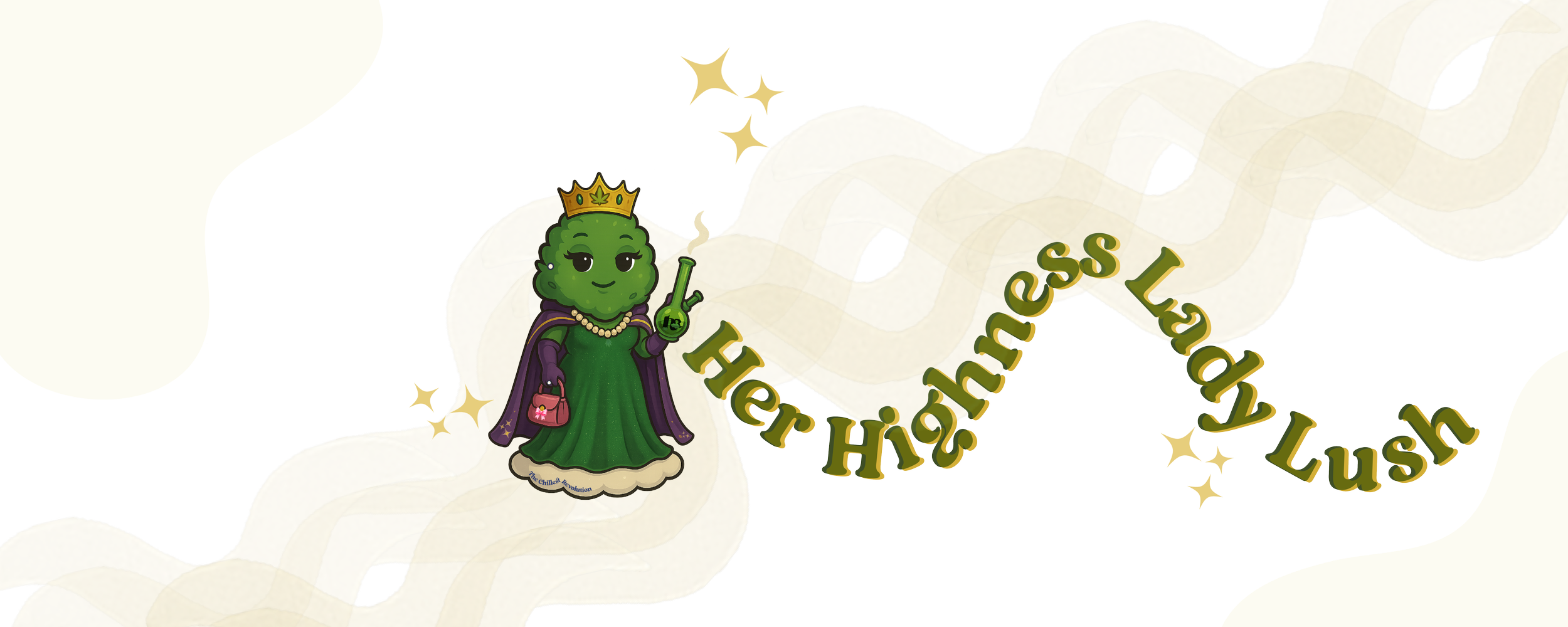 A cartoon character of a green cannabis bud wearing a purple cape, pearl necklace, and crown, holding a small pink purse and a bong, standing beside the words "HerHighness Lush" in stylized text, with a cloud of smoke and star accents in the background.