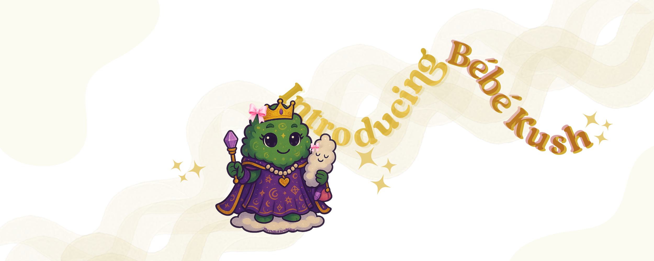 Cute broccoli character dressed as a queen with crown, cape, and scepter, holding a small cloud, surrounded by stars and a beige ribbon with the text "Microducing Belle Kush"