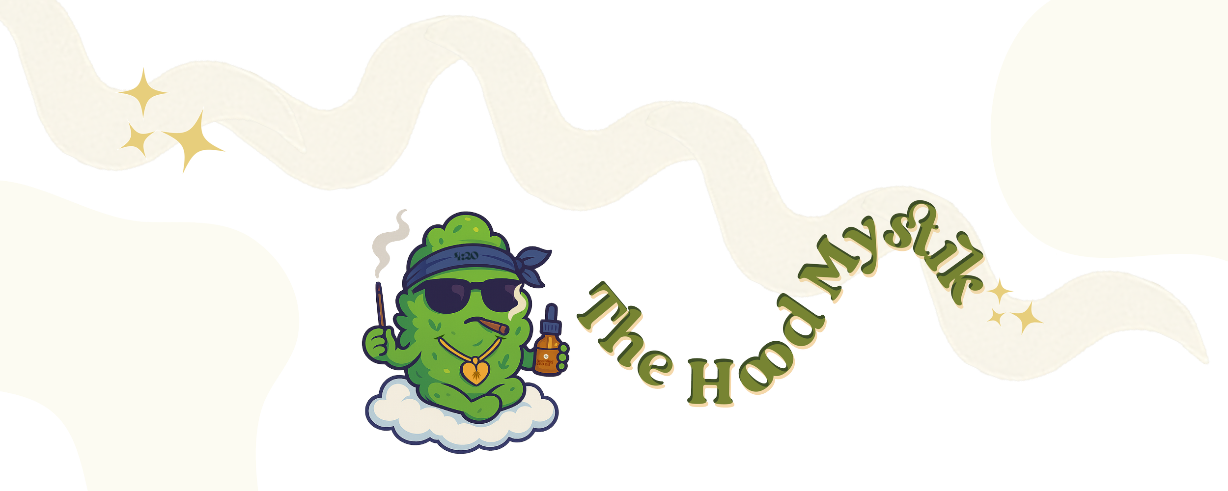 Cartoon frog wearing sunglasses and a bandana, sitting on a cloud, holding a vape pen and a bottle of e-liquid, with a banner that says 'The Hood Smile' and a cream-colored background.