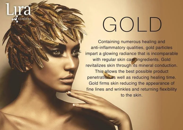 A woman with hair made of gold-colored feathers holding her chin with her hand, next to a text description about the power of gold minerals in skincare products.