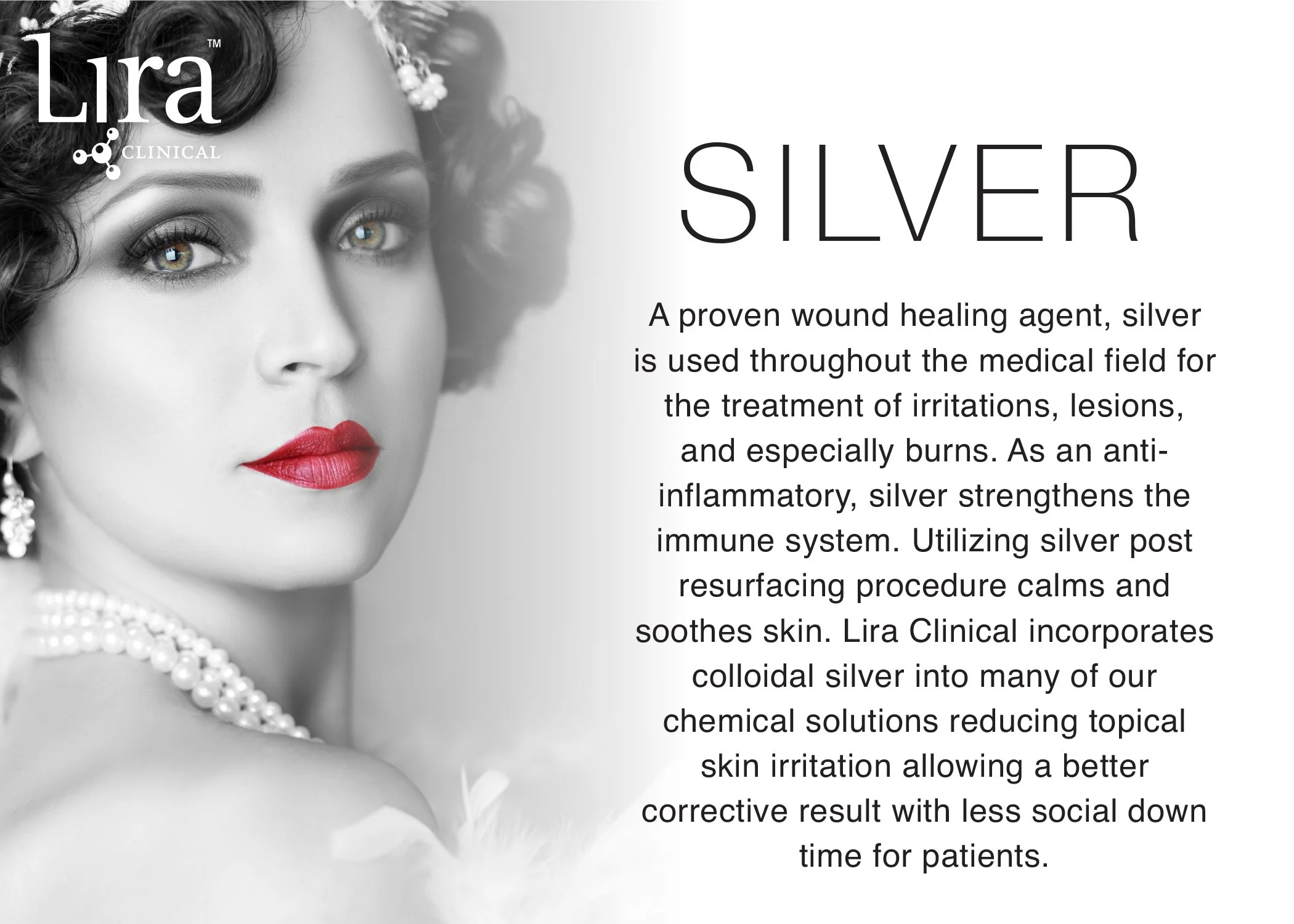 A woman with curly hair and bold red lipstick. The image is marketing for Lira Clinicals Skincare products highlighting the benefits of colloidal silver and its uses and benefits in Lira Clinicals skincare and ingredient technology.