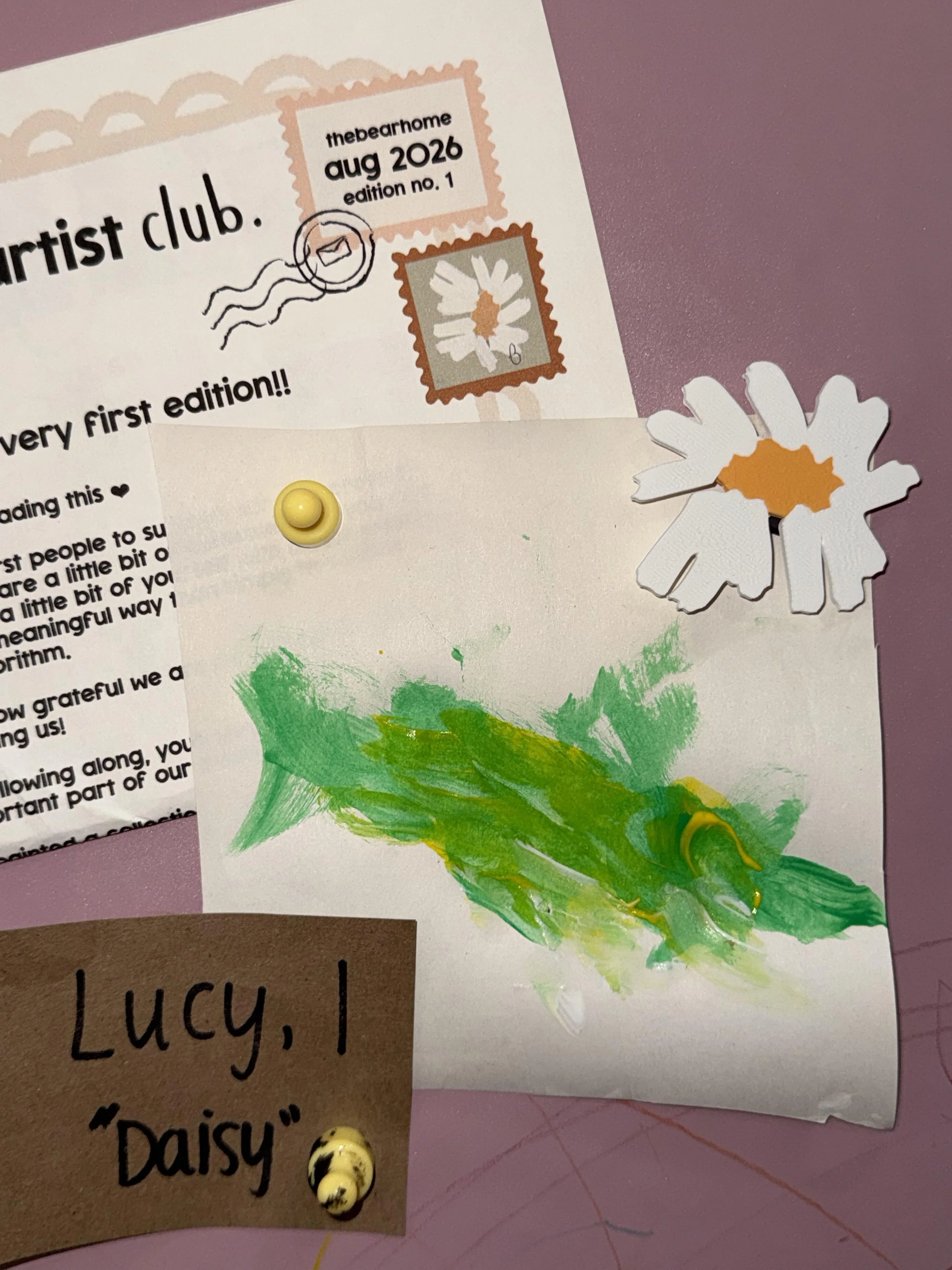 'Daisy' painted by Lucy, aged 1, United States.
Painted using tempura paint, painted in her highchair.

