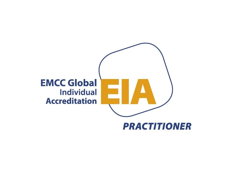 Logo for EMCC Global with the text 'EIA Practitioners,' highlighting 'EIA' in large gold letters, and including smaller text about accreditation and globalization.