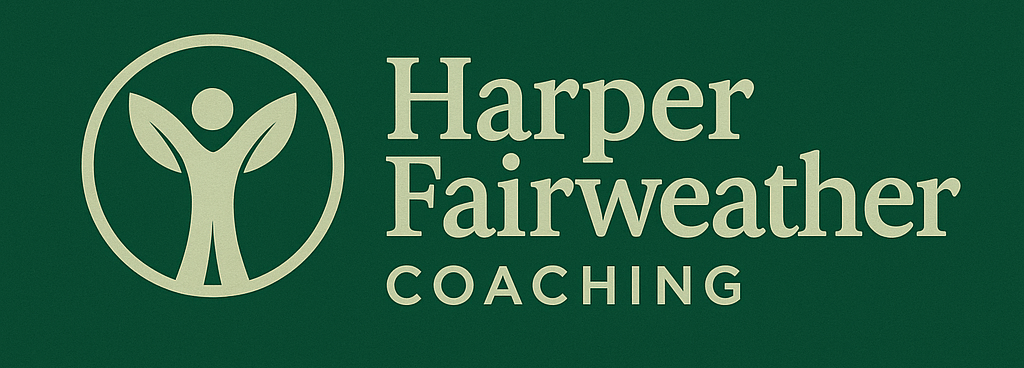 Logo for Harper Fairweather Coaching featuring a stylized person with leaves for arms inside a circle, on a green background.
