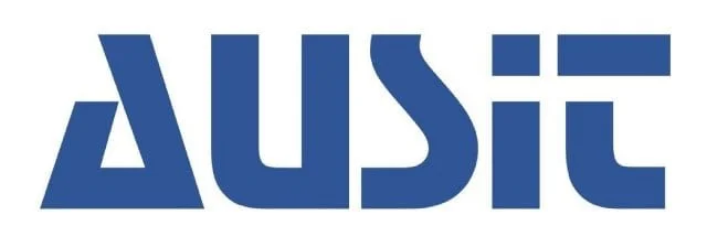 The word 'AUST' written in bold blue letters.