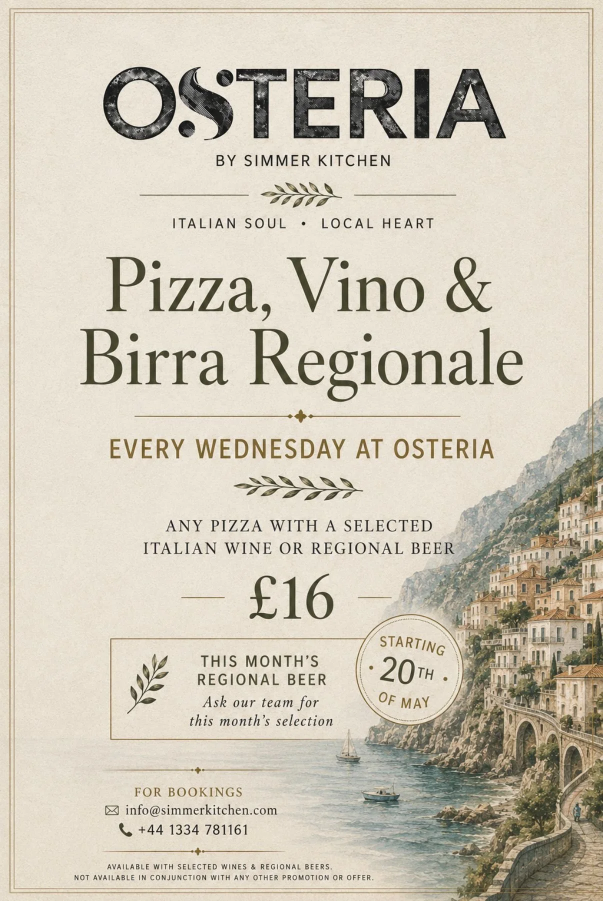 Promotional flyer for Osteria by Simmer Kitchen, featuring Italian food and regional beers, with a scenic Italian coastal village illustration.